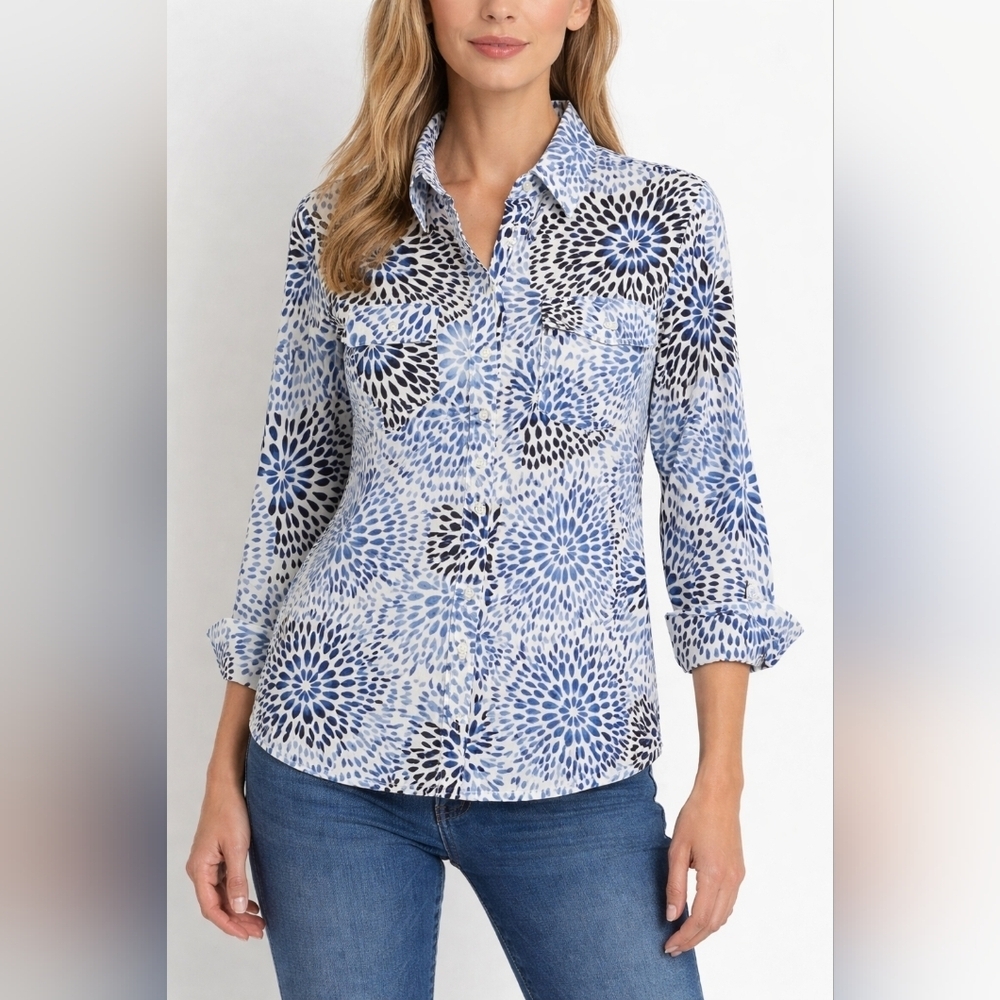 Vintage JM Collection Blue and Black Print Top Large